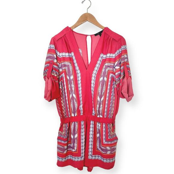 BCBGMAXAZRIA Chiffon Romper Soren Print RollTab Sleeve Pink Coastal Beach Chic - Picture 9 of 13